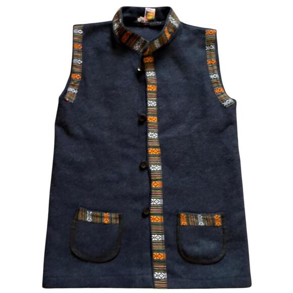 Tribes India Navy Wool Vest with Multicolor Tribal Trim 	•	Size: Fits like Small - Picture 1 of 4